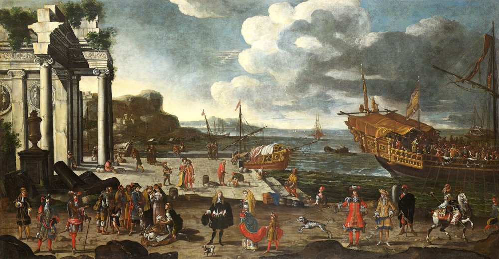 « Vue d’un port imaginaire avec des ruines, une galère au mouillage, animé (…)