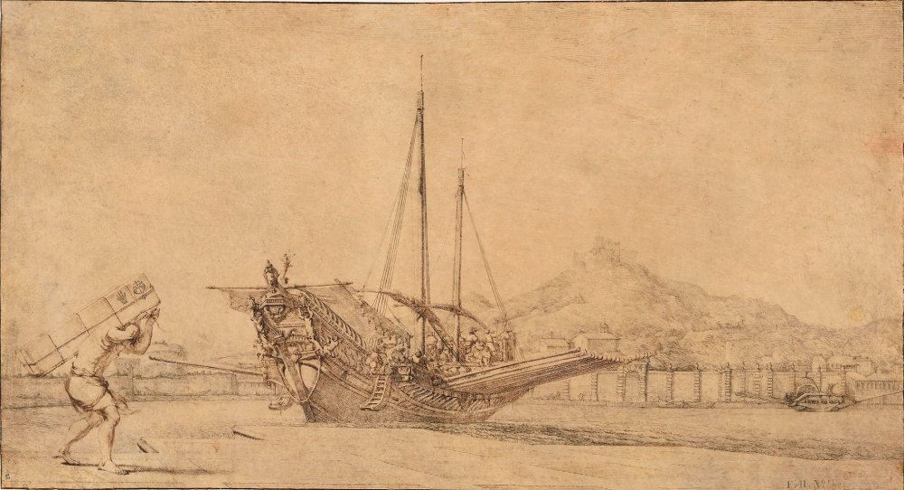 Stevedore and Galiot in the Port of Marseilles in front of the Fort and (…)