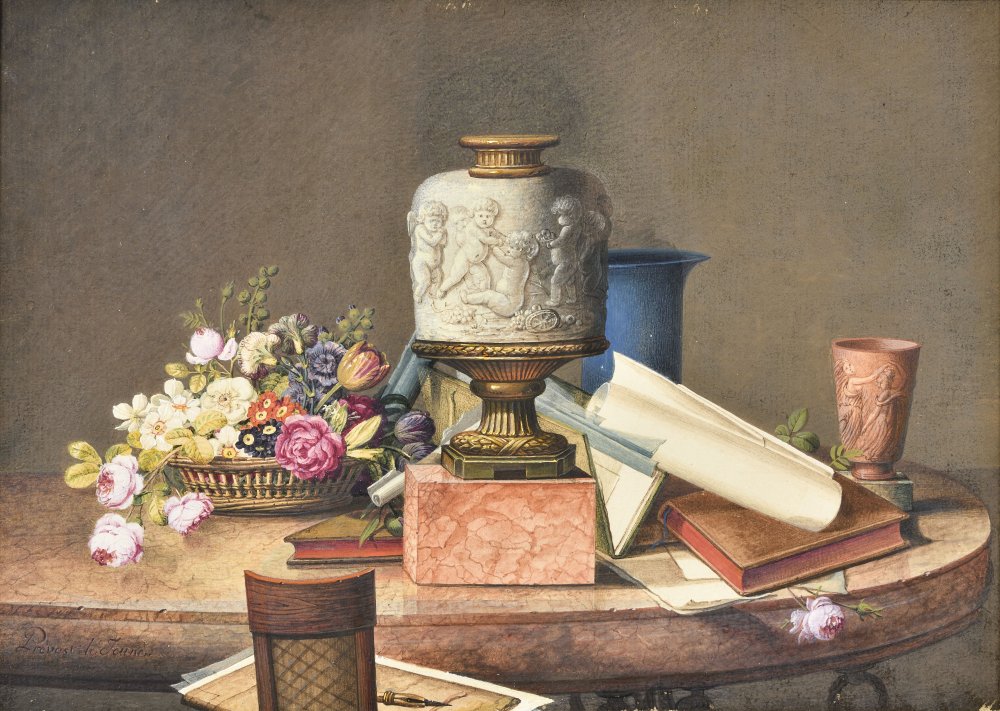 Still Life with a Flower Basket, Vases, Books and Manuscripts on a Pedestal (…)