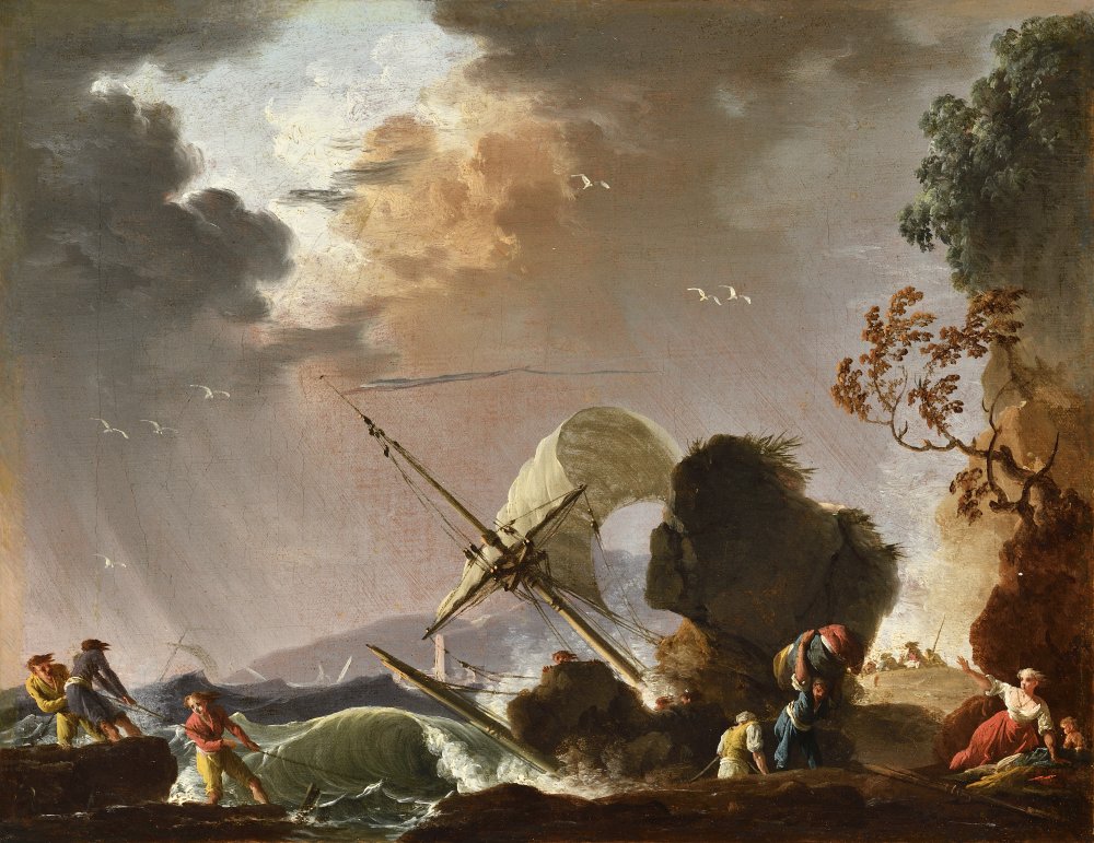 Boats in a Storm, One Aground against the Rocky Coast