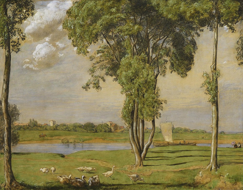 « Paysage du Main animé d’une barque à voile et de canards »