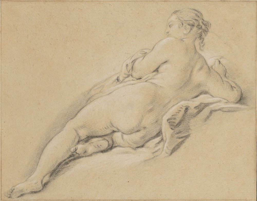 Académie de jeune femme allongée, vue de dos
