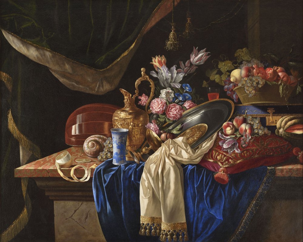 Still Life with Bouquet of Flowers, Fruit, Shells, Porcelain Goblet, Lute, (…)