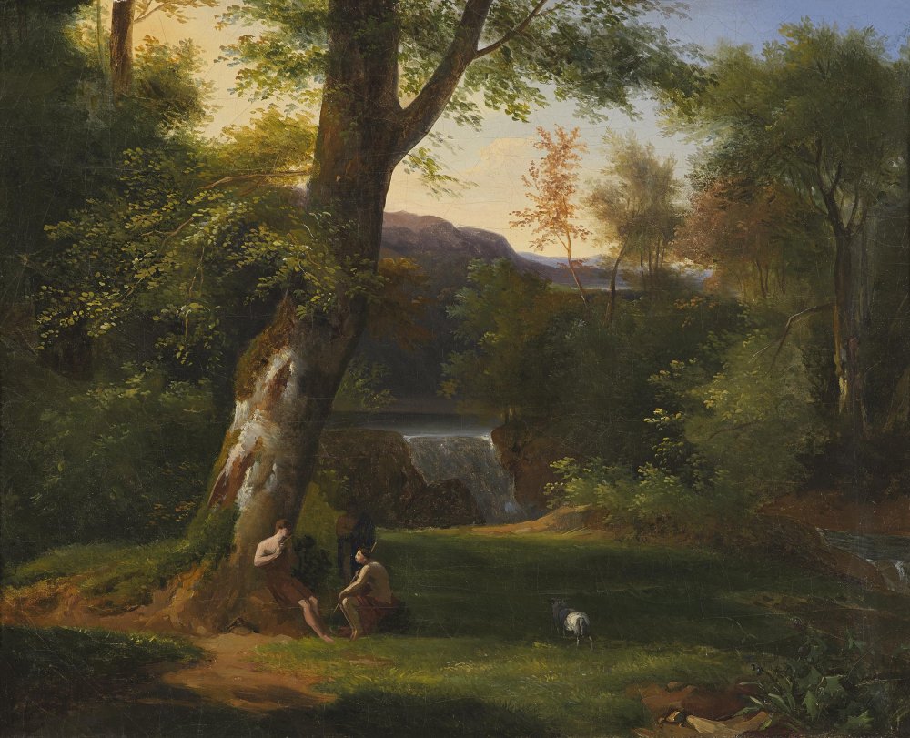 Paysage avec deux philosophes écoutant un berger jouer de la flûte
