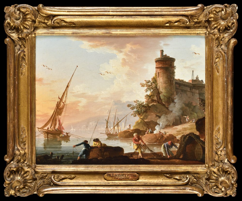 Vue d’un port méditerranéen au coucher du soleil, des pêcheurs au premier (…)