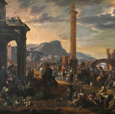 Scene of imaginary Mediterranean port animated by ships