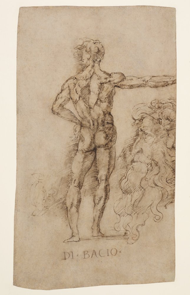 Académie d’homme vu de dos et tête de vieillard