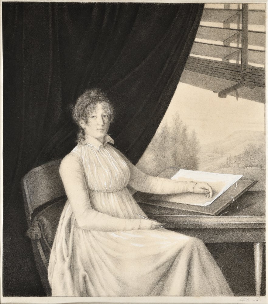 Portrait d’une femme artiste à son bureau, appuyée sur son portefeuille, (…)