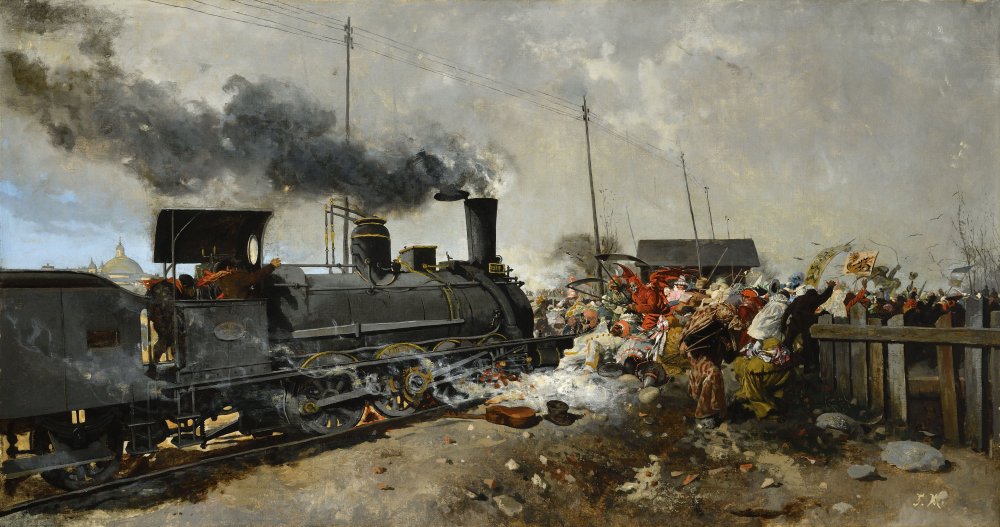 Locomotive fonçant sur une foule de carnaval