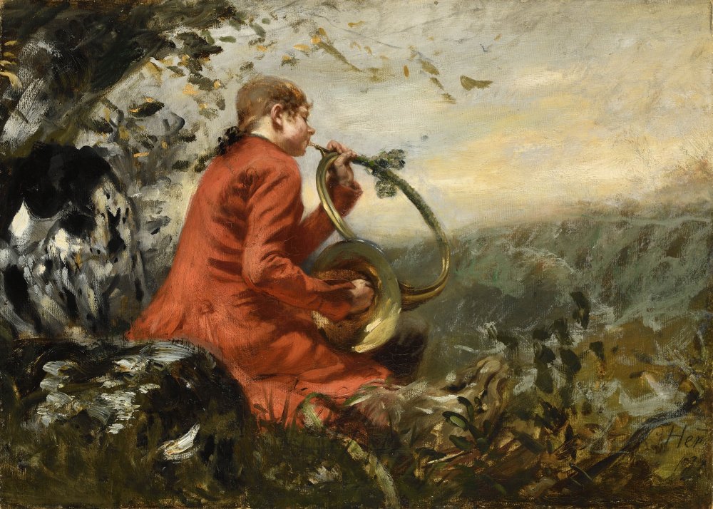 Portrait of a young huntsman seated at the edge of a forest, sounding his&nbsp;(…)