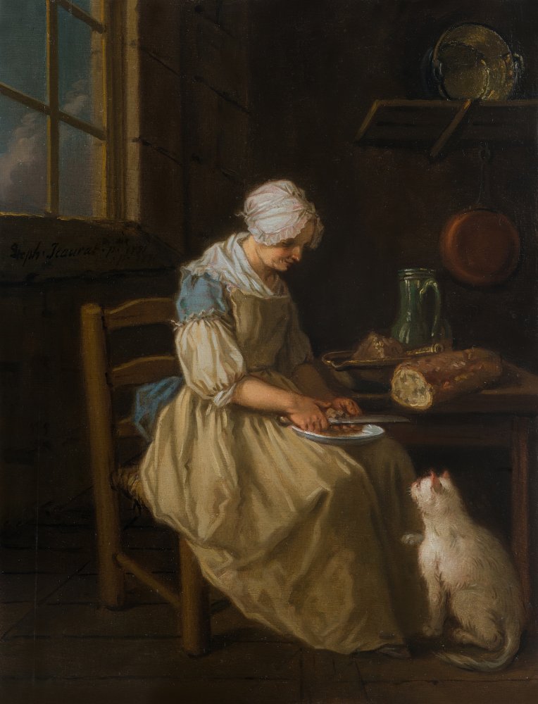 Jeune femme donnant la becquée à son chien dans un intérieur ; L’heure du&nbsp;(…)